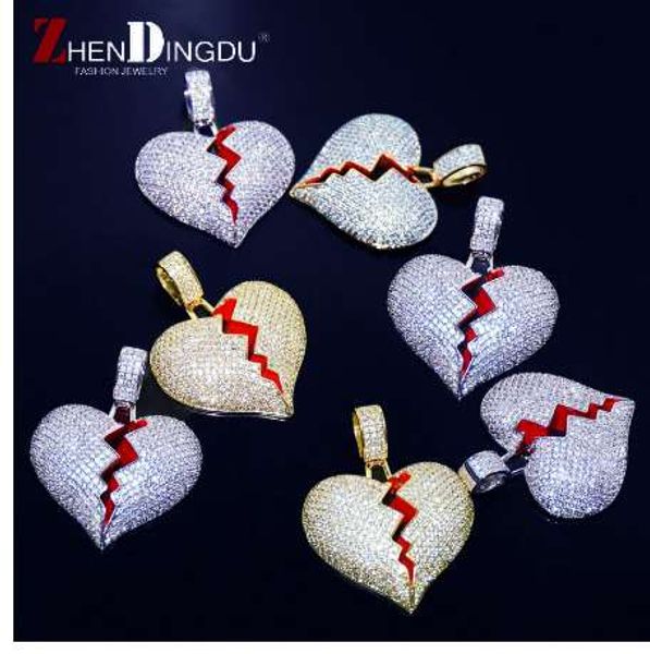 

solid heart break iced out necklace & pendant with tennis chain gold color bling cubic zircon men's hip hop jewelry for gift, Silver