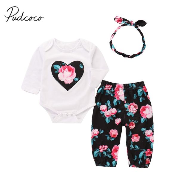 

2018 brand new newborn infant baby girl autumn winter clothes 3pcs longsleeve floral heart white romper+long pants+headband 0-1y