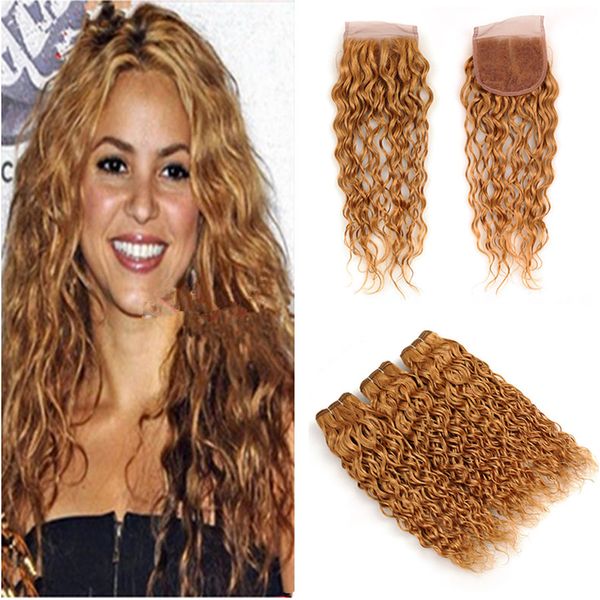 Morena Loira Cabelo Humano Tece 3 Ofertas Bundles Com Encerramento Molhado e Ondulado Loiro 27 # Extensão Do Cabelo Da Cor Da Onda de Água de Encerramento