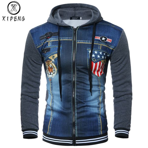 

brand 2018 autumn hoodie zipper cardigan tiger hoodies men fashion tracksuit male patchwork jean cloth sweatshirt hoody mens, Black
