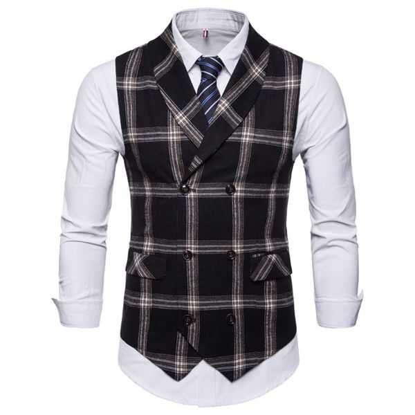

classic 2018 mens vest casual chalecos para hombre plaid stripes gentleman formal slim fit men's business waistcoat black gray, Black;white