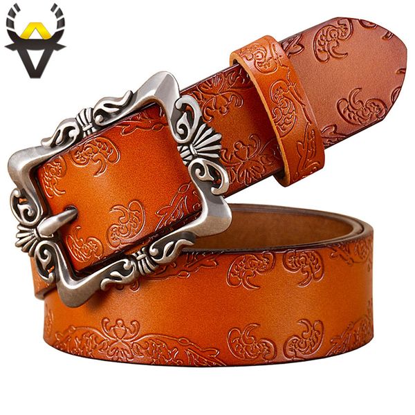 

vintage pin buckle genuine leather belts for women fashion floral belt woman 2018 new wide strap for jeans second layer cowskin, Black;brown