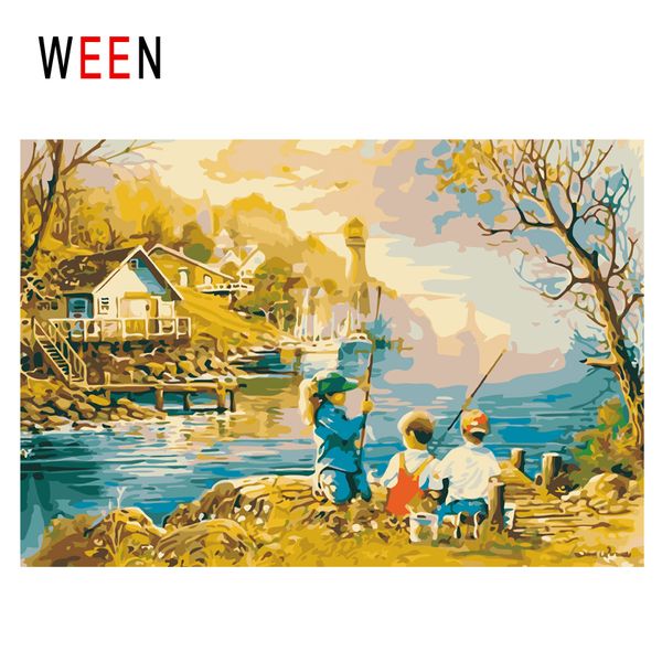 Acheter Ween Coucher De Soleil Rivière Diy Peinture Par Numéros Abstrait Enfants De Pêche Peinture à Lhuile Sur Toile Cabine Cuadros Decoracion