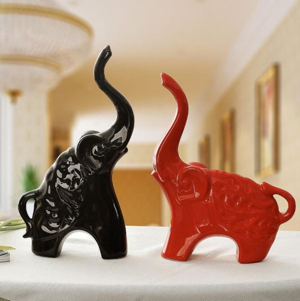 Kırmızı Siyah Seramik Afrika Fil Ev Dekorasyonu El Sanatları Odası Dekorasyon Kawaii Seramik Süs Porselen Hayvan Figürleri