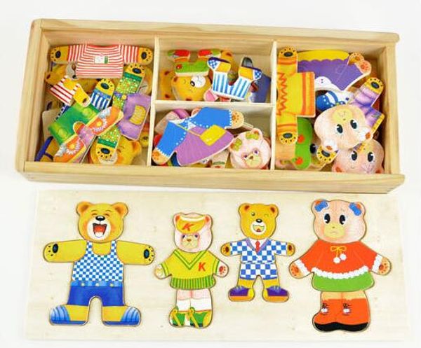 Baby Wooden Puzzle toys orsetto cambia vestiti Prima educazione dei bambini Puzzle in legno Gioco di vestizione