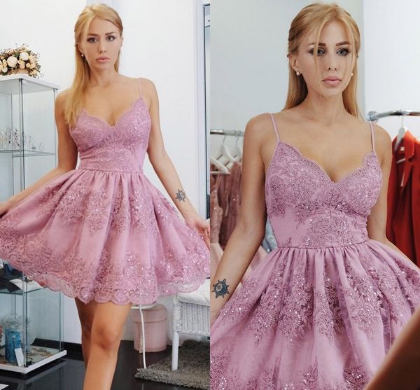 

lace pink short homecoming dresses v neck spaghetti straps beading plus size short prom dresses party dresses, Blue;pink