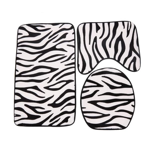 

3pcs/set zebra pattern printing toilet seat cover bathroom mat set non-slip flannel carpet washroom rug floor bath mat