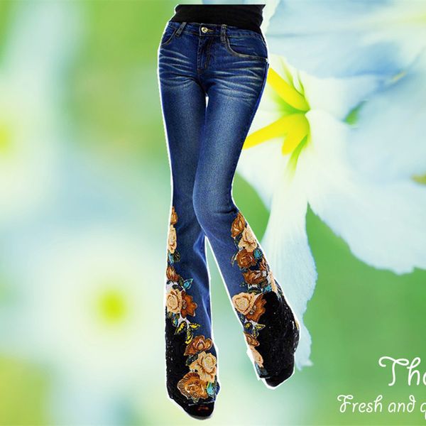 

2018 sale luxury embroidered flares mid waist big flared jeans female boot cut fine handmade rose beading embroidery jeans, Blue