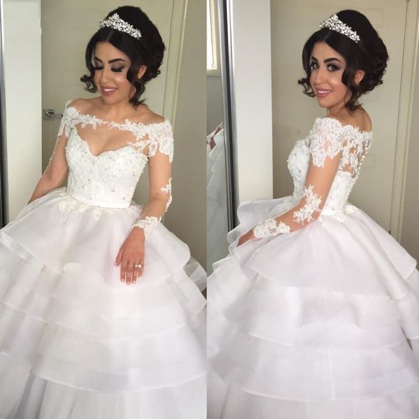

modern scoop neck wedding dresses plus size long sleeves illusion lace applique beads ruffles layered hollow back bridal gowns, White