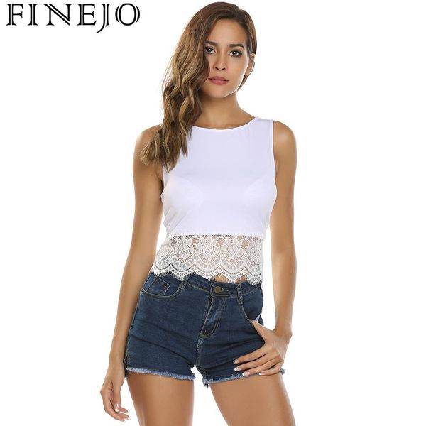 

finejo short casual o-neck sleeveless lace hem patchwork women vest, White