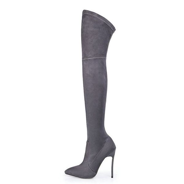 

metal thin heel pointed toe over-the-knee woman boots autumn winter suede leather female long shoes grey, Black