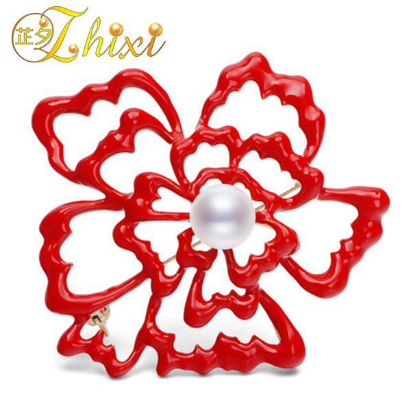 

zhixi brooch for women fine jewelry white natural pearl brooch pins trendy christmas gift red peony br01, Slivery;golden