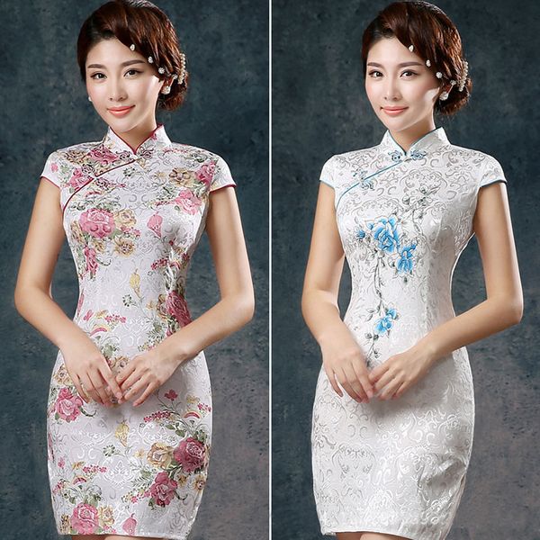 

women chinese traditional clothes dress cheongsam qi pao silk embroidery orchid peony flower printing mini short cheongsams, Red