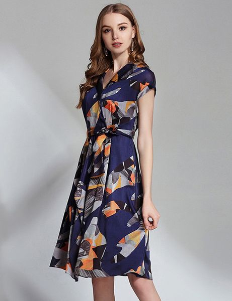 

fashion print women a-line dress v-neck short sleeve casual dresses 09k853, Black;gray