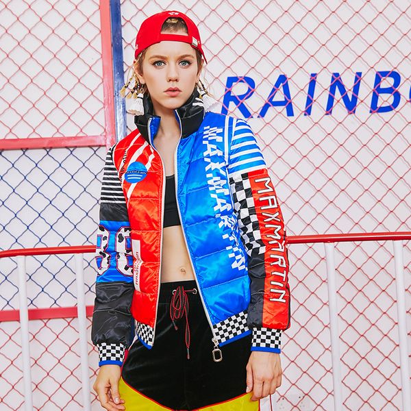 

female autumn winter down jacket women casual stand collar long sleeve parka fashion letter hit color print loose outerwear z923, Black