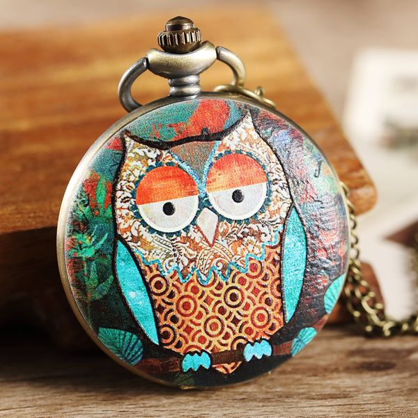 

retro owl painted pattern pocket watch women men gifts steampunk bronze pocket watch elegant women necklace pendant fob chain, Slivery;golden