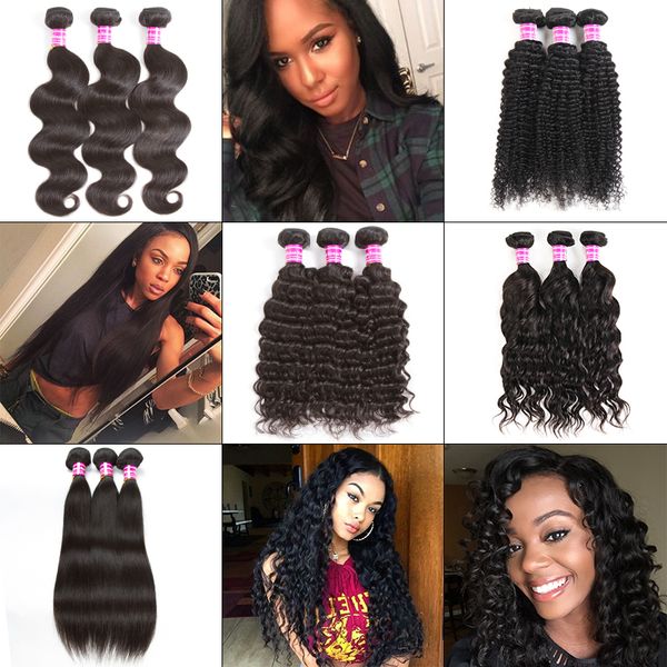 

brazilian virgin hair straight body water deep wave kinky curly 100% unprocessed human hair weave bundles remy hair extensions wefts, Black