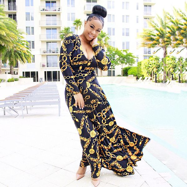 

women dress print home dress skirt long sleeve slim party-dress womens metal chain pattern skirt s-xl, Black;gray