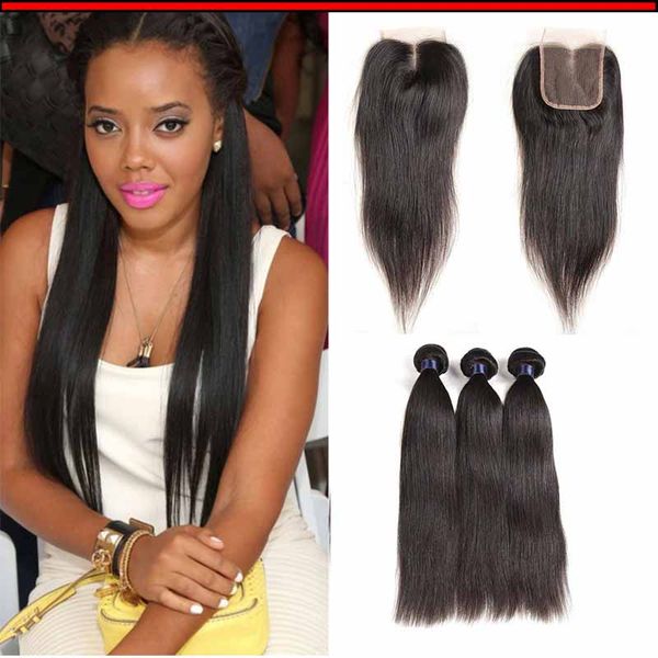 

7а перуанский девы человеческих волос weave необработанные прямой натуральный цвет 4x4 кружева закрытие с 3 пучками малайзии индийских девст, Black;brown