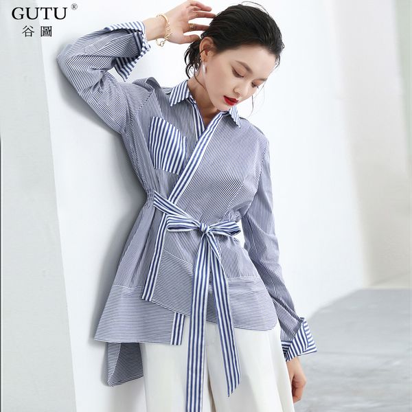 

gutu] 2018 spring summer new blouse belt elasticity waist irregular hem stitching striped ladies fashion shirt ba09201, White