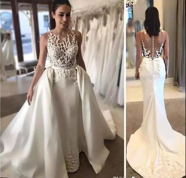 

mermaid wedding dresses with applique sheer neckline sleeveless wedding gowns with detachable train custom made sheer back bridal gowns, White