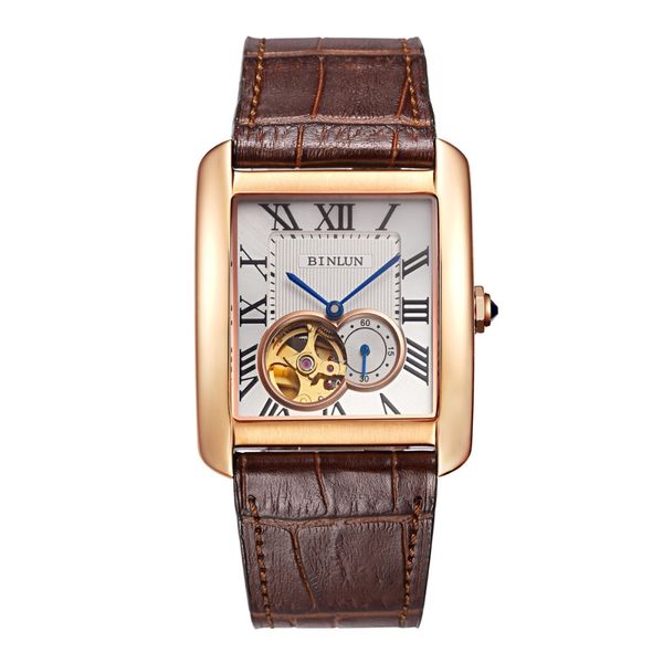

binlun men rectangle square gold sliver automatic mechanical skeleton dress watches black brown calfskin straps band, Slivery;brown