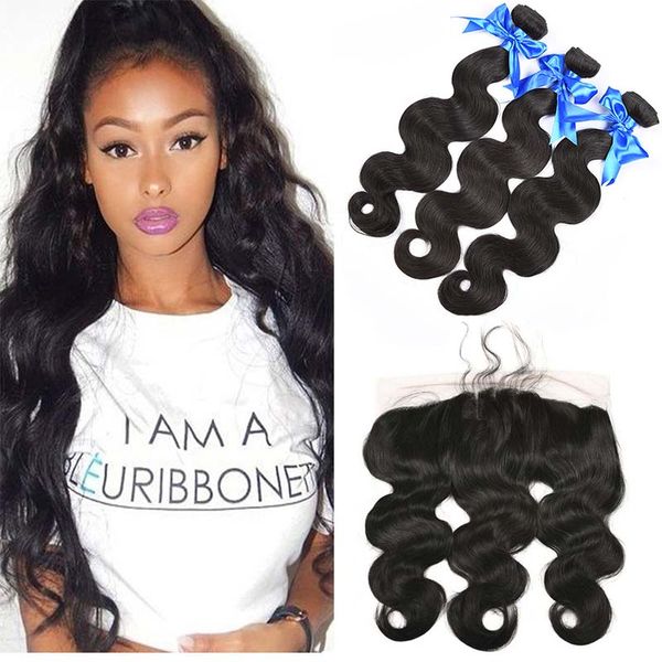 13x4 Lace Frontal com Feixes de Cabelo Humano Brasileiro 3 Pacotes com Fechamento Frontal Brasileira Onda Do Corpo Do Cabelo Virgem com 13x4 Rendas Frontal