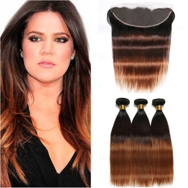 

malaysian virgin human hair straight 3tone ombre weave bundles with frontal #1b/4/30 auburn ombre 13x4 lace frontal closure with hair wefts, Black;brown