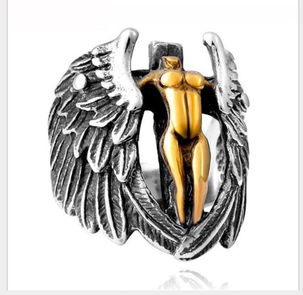 

european and american jewelry men's retro wing angel cross ring, Silver