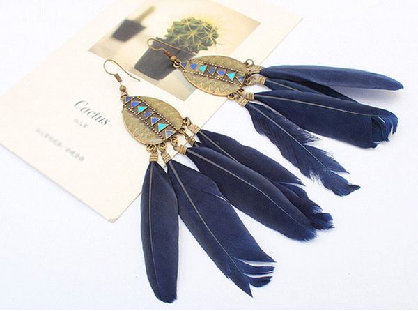 

feather earrings european and american fashion retro drops tassel earrings long section bohemian ethnic handmake ear jewelry g358q, Silver