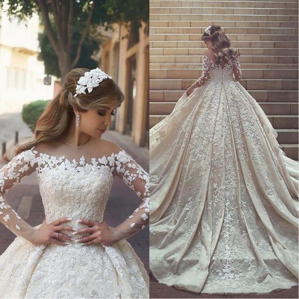 

2020 modern sheer neck lace wedding dresses cathedral train long sleeves crystals ruffles appliques tulle arabic bridal gowns ba6989
