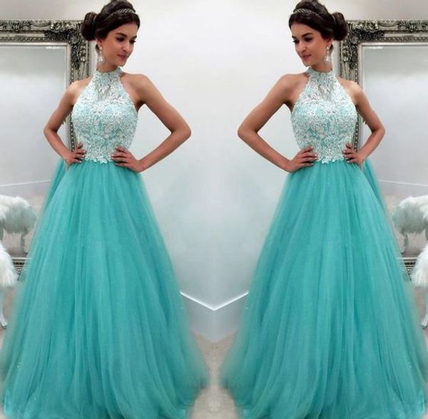 

aqua prom dresses 2019 formal evening party pageant a-line gowns african black girl halter lace long cheap
