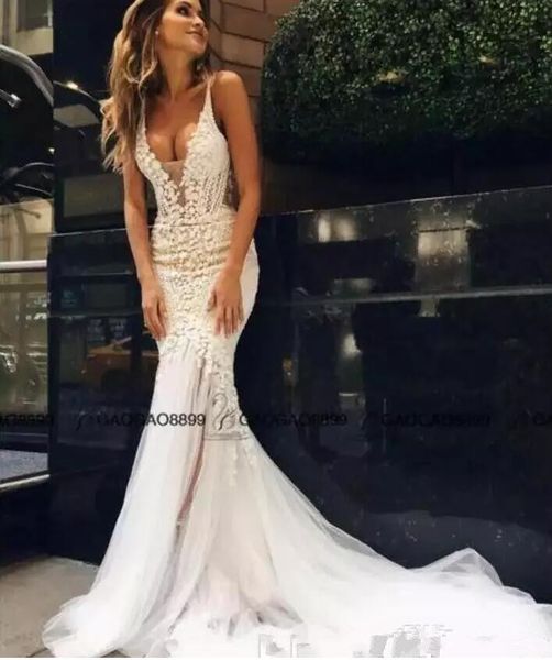Acheter Pallas Couture Robes De Mariée De Plage 2018 Sirène En Dentelle Floral Long Train Personnalisé Faire V Cou Pleine Longueur Robe De Mariée En