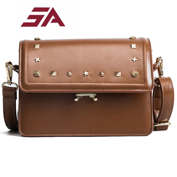 

sa 2018 new women vintage rivet crossbody bags female retro brown black shoulder bags ladies new designed flap