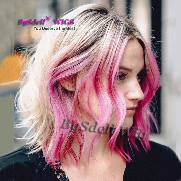 Short Bob Wig Layered Cut Synthetic Lace Front Wig Black Roots