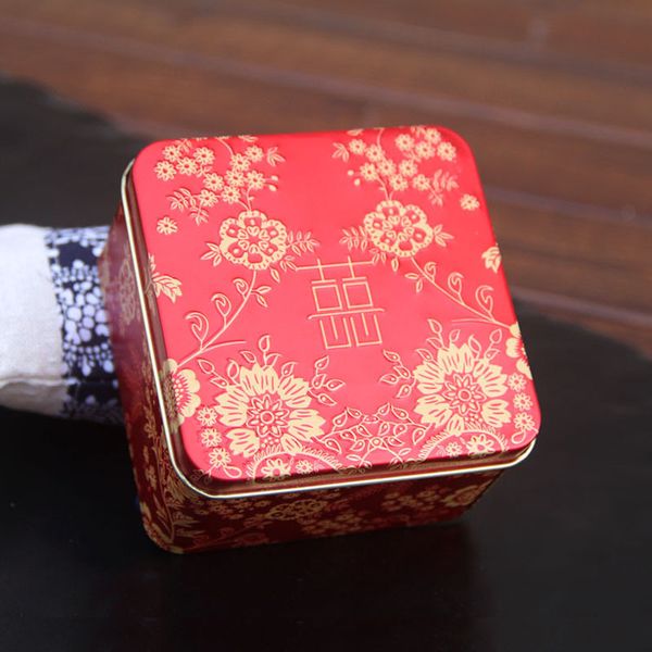

square party candy box red wedding gift boxes chinese style metal tin storage organizer