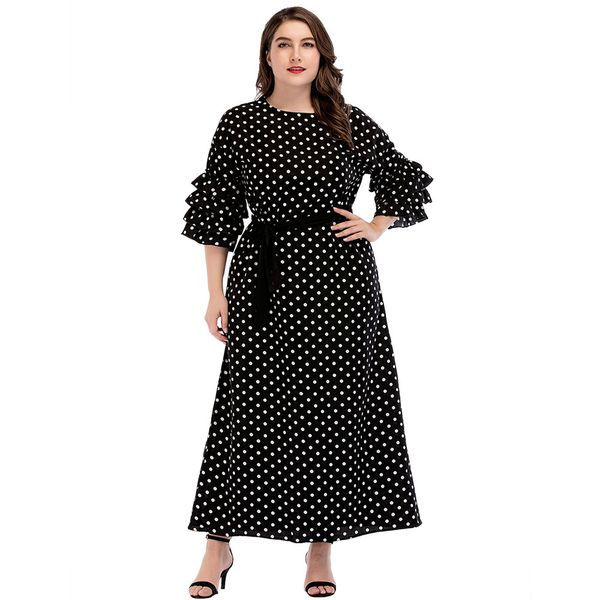 

3185749-1 plus size 4xl muslim women's dress middle east skirt round collar frill dot wave fashion dress women waist belt attached muje, Red