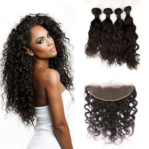 Wet And Wavy Human Hair Lace Closure With 4 Bundles Indian Virgin
