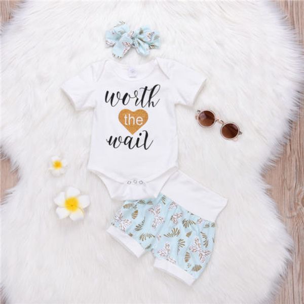 

3pcs newborn kids baby girl cactus bodysuit floral short +headband summer cotton outfit clothes set, White