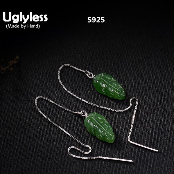 

uglyless real 925 sterling silver natural jade leaves dangle earrings for women luxury jasper ear line brincos handmade jewelry, Golden;silver