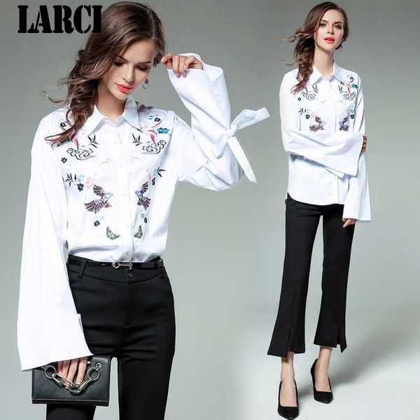 

larci animal embroidery white blouse women flare sleeve cotton shirts 2018 new arrival spring blouse n2027