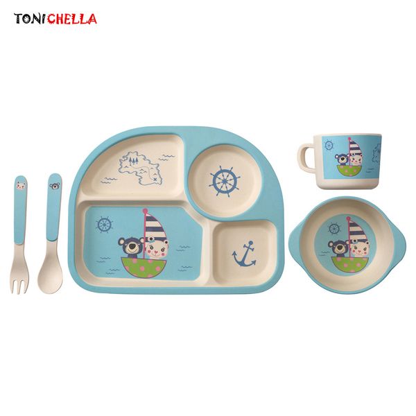 Baby Bamboo Fiber Tableware Children Dinner Dishes Set Include Tray Bowl Spoon Fork Cup Cartoon Pattern Feeding Container T0394