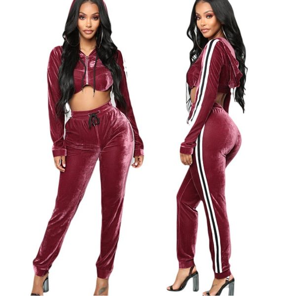 

women's autumn and winter navel personality gold velvet sports suit, White;black