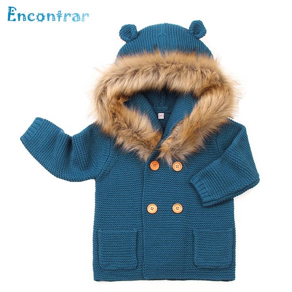 

encontrar autumn warm baby sweater fur collar hood detachable girls knitted cardigan spring children solid jacket 6m-24m,dc339, Blue;gray