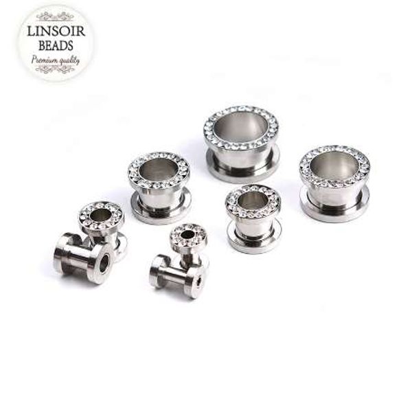 

linsoir 2017 stainless steel ear stretchers plugs and tunnels fashion rhinestone crystal earring expander body jewelry f3722, Silver
