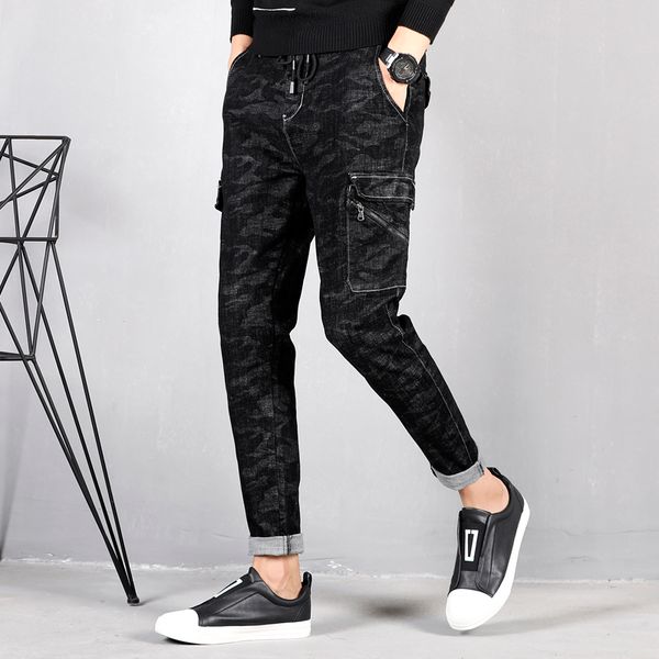 

multi pockets men's camouflage jeans black color slim fit, Blue