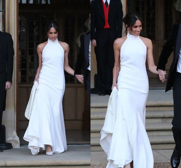 2019 Abiti da sposa eleganti a sirena bianca Prince Harry Meghan Markle Abiti da festa di nozze Halter Soft Satin Wedding Recept Dress210w