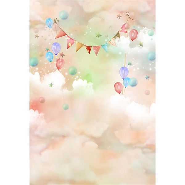 Pastellrosa, grün, weiß, Wolken, Baby, Kindergeburtstag, Party-Hintergrund für Fotografie, Luftballons, Flaggen, Kinder, Bokeh-Fotohintergründe