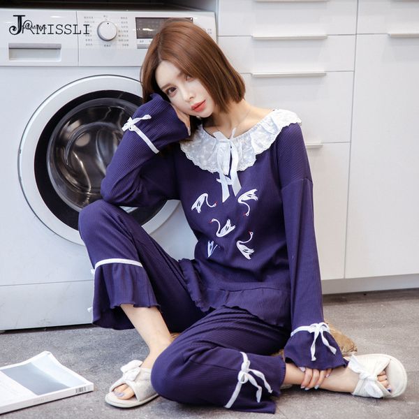 

jrmissli autumn winter lace women pajamas sets 100% cotton princess pajamas animal female plus size sleepwear pijamas suit, Blue;gray