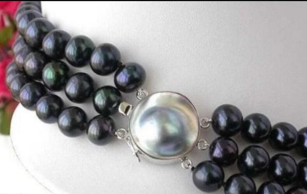 

new 3 row 7-8mm black tahitian pearl necklace 18-20 inch shell clasp, Silver